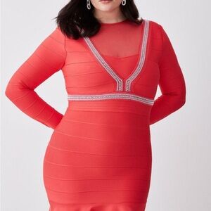 Karen Millen Orange Bodycon Dress with V-Neck and Cuffed Sleeves